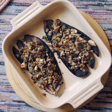 spoon the fried garlicky mushrooms over the aubergines