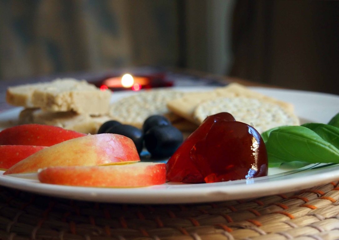 Platter Of Vegan Cheese Redcurrant Jelly Apples Crackers Olives