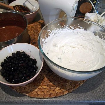 fold chocolate /arrowroot sauce into whipped coconut cream...and then fold in blueberries